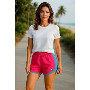 Women’s M Medium Nike Dri-FIT Running Shorts Pink Blue Trim Lined Activewear